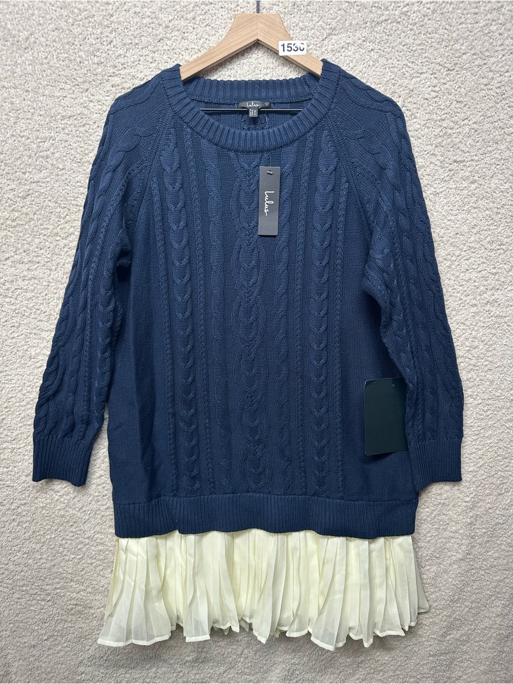 Lulus Cable Knit Sweater Dress Navy Blue Chiffon Hem Layered Mini Shift XL NWT - Picture 2 of 8
